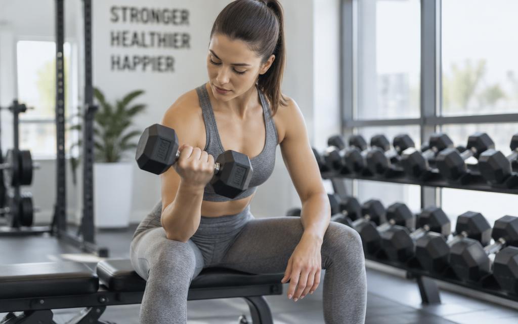 A woman training with a dumbbell in a gym