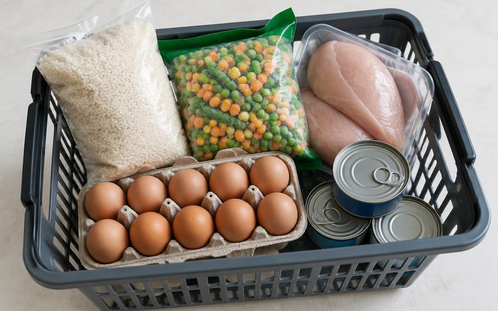 A shopping basket of budget staples: rice, eggs, frozen veg, chicken and tinned tuna
