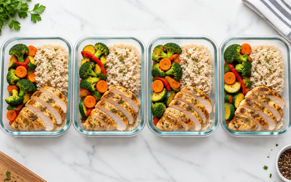 A row of prepped meals with chicken, rice and vegetables